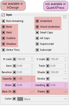 Text attributes which are not supported by InDesign (red) or are not supported by QuarkXPress (purple)