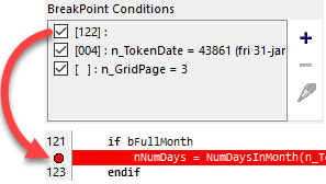 breakpoints that relate to a specific line number will also be indicated in the source code margin