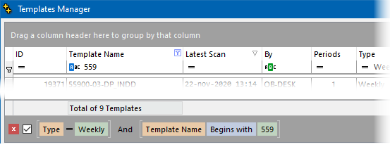 the list of scanned templates at the top of the templates manager