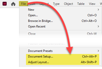 The 2 InDesign menus to access Bleed Area settings.