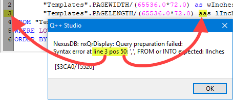 an example of an SQL syntax message showing the location of the error