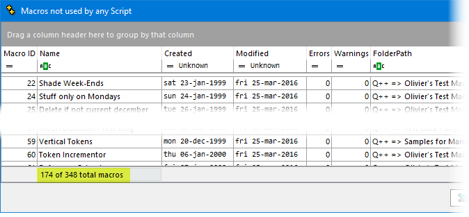 An example of the "data not used by any scripts" report