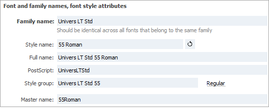 The various internal names of the Univers LT Std 55 Roman font as seen in FontLab 7