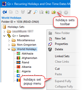 Holidays Sets TreeView and its popup contextual menu