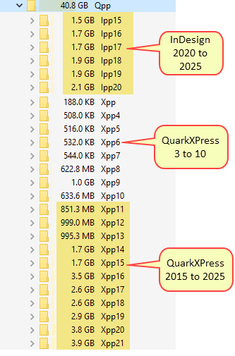 Sub-folders of C:\Qpp\ containing the internal versions of previously used versions of QuarkXPress and InDesign