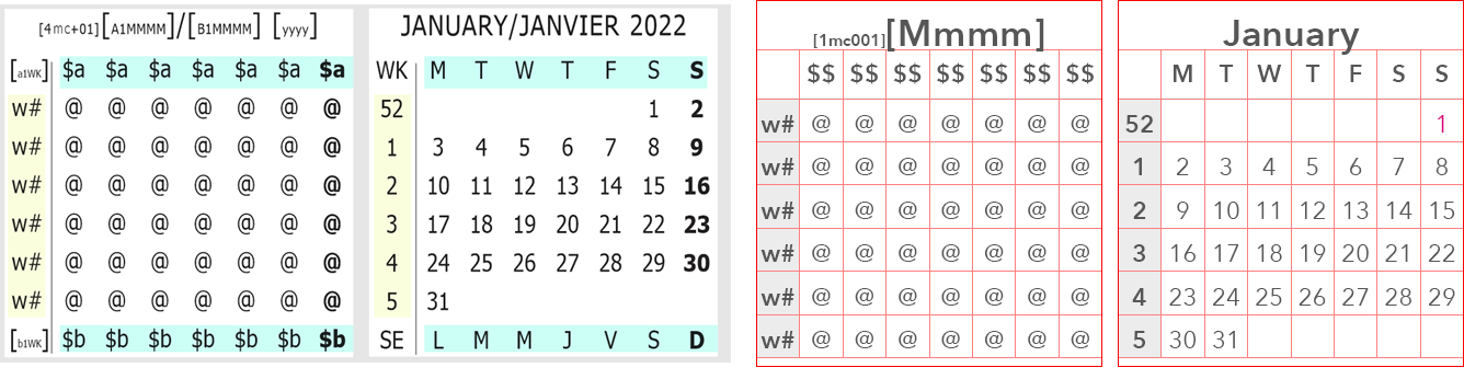 minicalendars placed in a single textbox, left, or in a table, right (InDesign only)