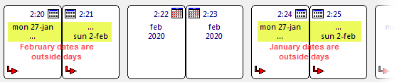 Example of a Monthly grid with a weekly insert set to "month fit". Note how the week that straddles the month change, is repeated, with February dates handled as outside days the first time, and January dates handled as outside days, the second time.