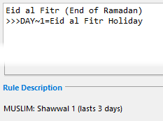 example of the use of the DAY holiday name variation keyword with a multi-day holiday