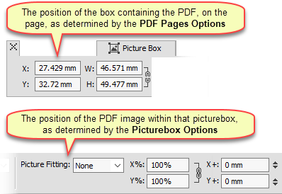 the QuarkXPress user interface settings corresponding to the PDF Pages Options and Picturebox Options scriptline properties
