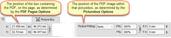 the QuarkXPress user interface settings corresponding to the PDF Pages Options and Picturebox Options properties