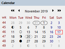 the main window's calendar showing user-defined holidays