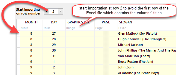 the Excel import dialog for month-day slogans