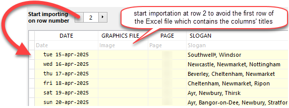 the Excel import dialog for specific dates slogans