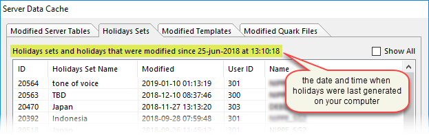 the holidays sets tab of the updated server tables dialog